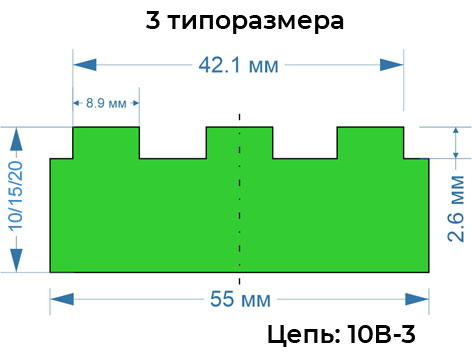 Направляющая для роликовой цепи 10B-3 профиль T-TRIPLEX-10 Профиль Т3-10